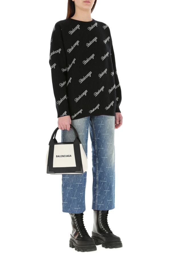 BALENCIAGA | Two-tone canvas small Cobas Navy handbag
