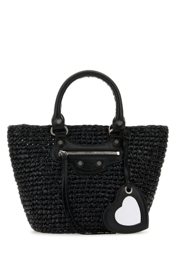 BALENCIAGA | Black raffia small Le Cagole handbag
