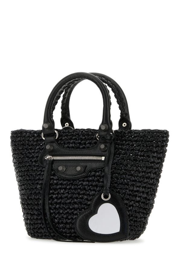 BALENCIAGA | Black raffia small Le Cagole handbag