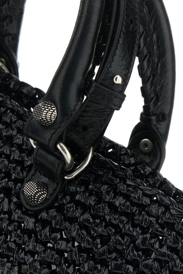 BALENCIAGA | Black raffia small Le Cagole handbag