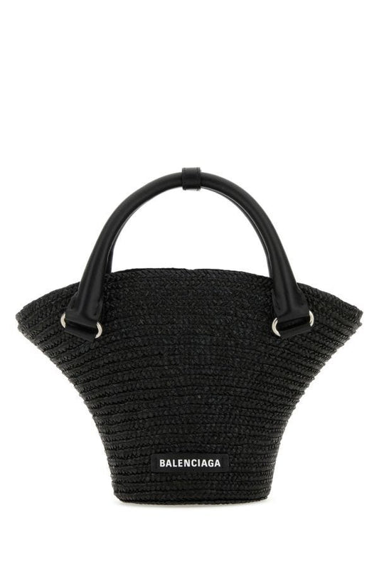 BALENCIAGA | Black straw mini Beach handbag