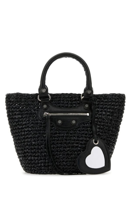 BALENCIAGA | Black raffia small Le Cagole handbag